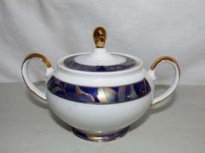 MOGA ROMANIA HAND PAINTED PORCELAIN COBALT BLUE & PURPLE FLORAL SUGAR BOWL - Picture 1 of 4