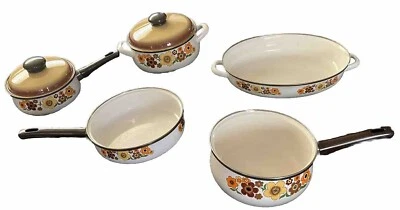 Vintage’70’s Harvest Blossom Porcelain Enamel 7  Piece Cookware Set - Image 1 of 4