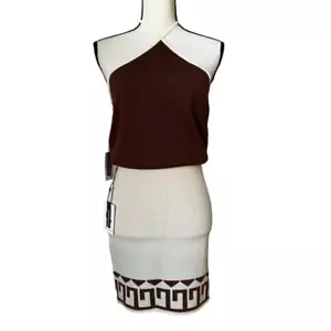 NWT Callahan Knitwear Womens Cream Brown Halterneck Crop Top Skirt Set Size S - Picture 1 of 11