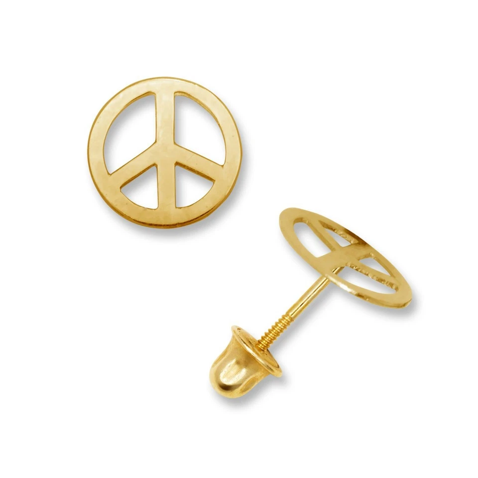 14K Solid Yellow or White Gold 7mm PEACE Sign Circle Screw Back Earrings - Image 1 of 1