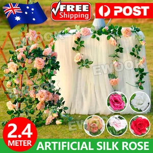 2.4m Artificial Silk Rose Flowers Fake Vine Ivy Hanging Garland Floral Wedding - Picture 1 of 14