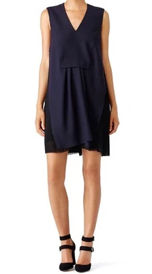 Carven V Neck Crepe Dress Blue Marine Schoolboy Pleated Layered Sleeveless 40 8 - Image 1 of 4
