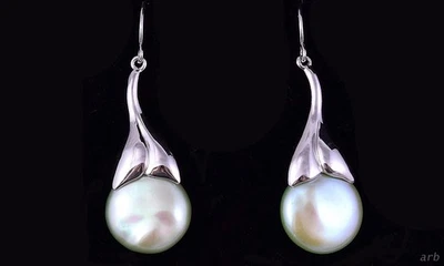 Lovely Sterling Silver Dangling Pierced Earrings w/ Dyed Green Blister Pearls - Image 1 of 3