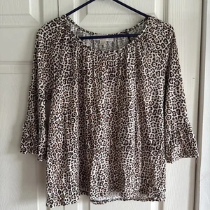 Michael Kors Top Womens Brown Animal Print Scoop Neck 3/4 Sleeve Sz M - Picture 1 of 6