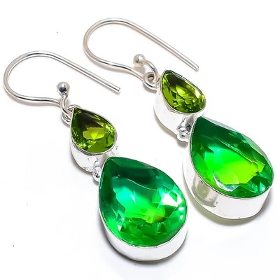 Bi-Color Tourmaline, Peridot Gemstone 925 Sterling Silver Jewelry Earring 2.0" - Image 1 of 4