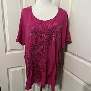Catherines Womens Pullover Top Bright Pink Palm Tree Sequins Cotton 2X - Picture 1 of 12
