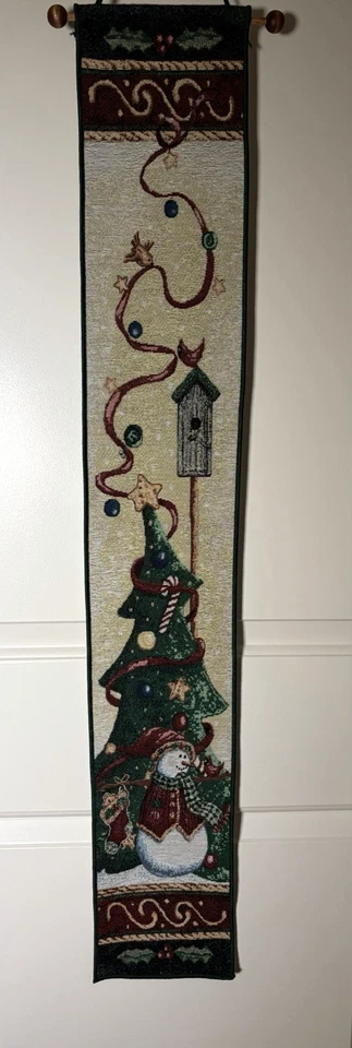 Christmas Winter Tapestry Hanging Bell Pull Snowman Birds Birdhouse 5.75"x42" - Image 1 of 4