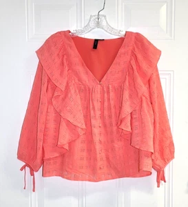 YAS Bluse Rüschen koralle Seersucker 3/4 Ärmel Bindebündchen V-Ausschnitt Gr. S Pullover - Bild 1 von 15