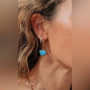 Turquoise Hoop Earrings 18K Gold Waterproof Jewelry Genuine Turquoise Gemstone - Picture 1 of 6