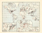 Wichtigste Mineralfundstätten der Erde I. alte Landkarte Lithographie ca. 1907