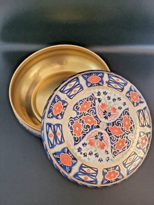 Vtg Imari Style Floral Round Metal Tin Canister Blue Gold Orange Storage Contain - Picture 1 of 10