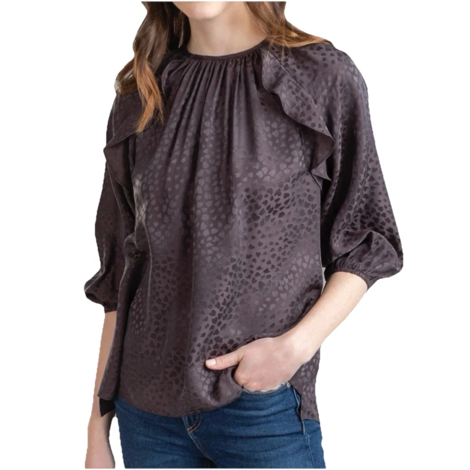Blusa Top Shoshanna Grande Seda Marrón Satinado Animal Estampado Corazón Volantes Foto 1 de 4