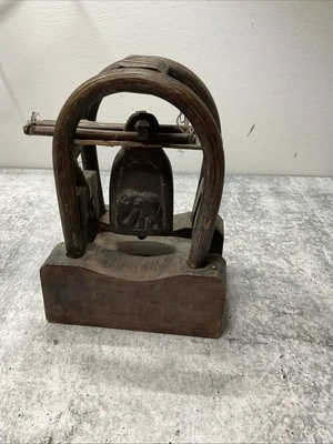 Старинный винтажный бронзовый слон колокол ручной резьбы из гнутого дерева рамка животных меха барабаны - Изображение 1 из 4