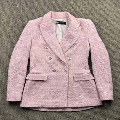 Zara Womens M Tweed Double Breasted Blazer Jacket Pink Preppy Old Money - Image 1 of 4