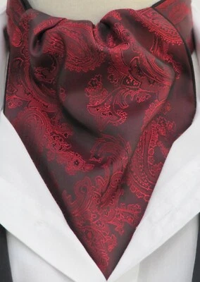 Herren Burgunderrot & Rot Paisley Satin Ascot Krawatte/Einstecktuch