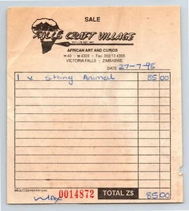 1998 Invoice Receipt From Falls Craft Village African Art Curios Zimbabwe Africa - Picture 1 of 2