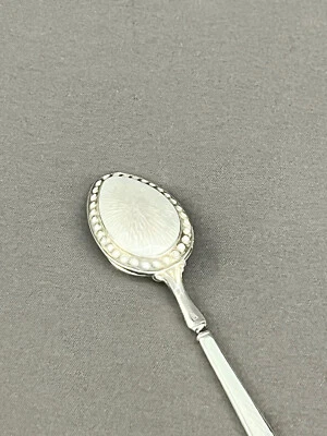 "Cuchara Demitasse antigua Watson de plata esterlina esmalte guilloche blanco 4 1/4""" Foto 1 de 4