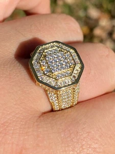 REAL Men's 14k Gold Plated Solid 925 Silver Hip Hop Iced Flooded Out CZ Ring - Picture 1 of 14