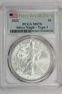 2021 American Silver Eagle $1 Type 1 PCGS MS70 First Day of Issue, Stained - Picture 1 of 2