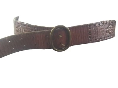VINTAGE J. CREW Brown Leather Woven Women Belt Medium Distressed Boho Brass  - Image 1 of 4