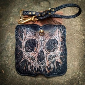 Handmade carved skull leather wallet, Long bifold men wallet, Biker chain wallet - Picture 1 of 4
