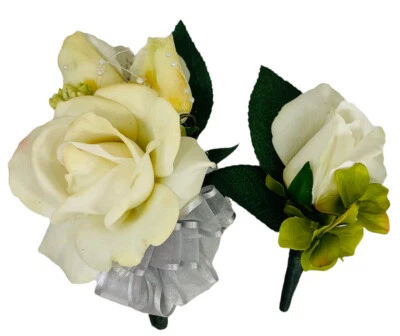 Formal Corsage & Boutonniere Very Realistic Artificial Rose White Faux Flower - Image 1 of 4