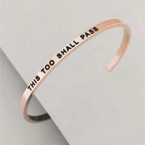 NEW PERSONALIZED Cuff Bracelet MANTRA Inspiration Engraved 'THIS TOO SHALL PASS' - Picture 1 of 4