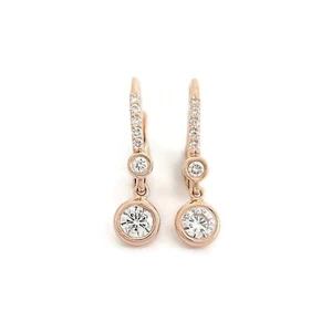 Round Bezel Diamond Dangle Drop Earrings 14K Pink Rose Gold, .77 CTW - Picture 1 of 5