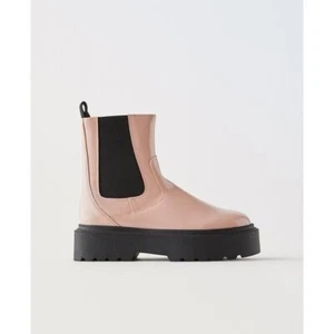 Zara Faux Patent Leather Chelsea Ankle Boots Pink Size 38 Chunky Black Sole - Picture 1 of 10