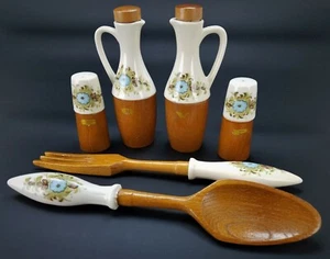 Vintage 6 Piece Wood & Ceramic Floral Salad Set - Picture 1 of 6