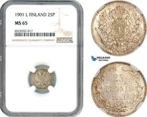 AI059, Finland, Nicholas II. of Russia, 25 Penniä 1901 L, Helsinki Mint NGC MS65 - Picture 1 of 1
