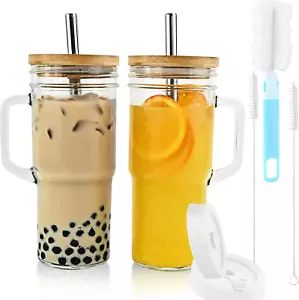 Glass Cups with Bamboo Lids and Straws,24Oz Tumbler with Handle,2 Pack Mason Jar - Picture 1 of 12