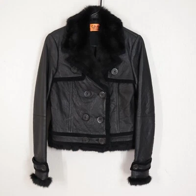 Chaqueta de cuero negra Juicy Couture para niñas ribete de piel negra mediana doble pecho Foto 1 de 4