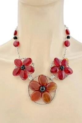 Pendientes Collar Hecho a Mano Flor Piedras Preciosas Ágata Natural Rojo y Marrón, Casual Foto 1 de 4