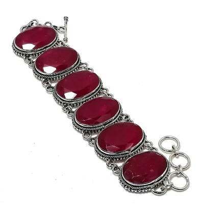 Attractive Kashmiri Red Ruby Gemstone Handmade 925 Solid Silver Jewelry Bracelet - Image 1 of 4