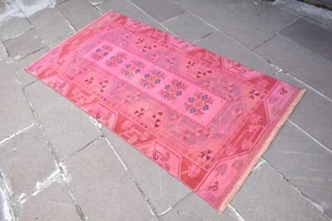 Turkish Rug 38'' x 73'' Vintage Anatolian Over Dyed Rug Painted Wool Area Rug - Picture 1 of 14