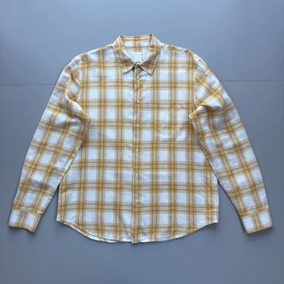 Sandro Paris Men XL Tartan Check Plaid Button Up Shirt Linen Cotton Yellow White - Image 1 of 4