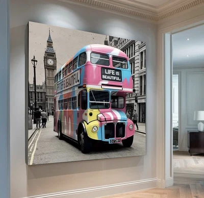 XXL LEINWAND BILD BIS 140x140x5 BUS GRAFFITI LONDON STREET ART WANDBILD VINTAGE - Bild 1 von 3