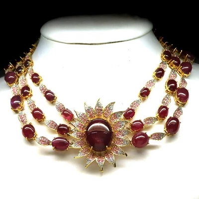Giff For Her 925 Silver Red Ruby, Sapphire & Zircon Two Tone Necklace 18"  - Image 1 of 4