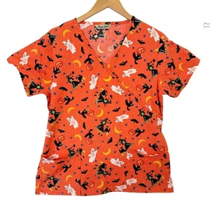 Comfy Cotton Halloween-Themed Wrap Scrub Top Size M Spooky Gothic Festive Work - Picture 1 of 8