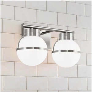 Bathroom Light Fixture 2-Light with Frosted Glass Ball Shade Brushed Nickle - Picture 1 of 8