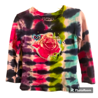 Flapdoodles Girl long sleeve tie dye shirt sz 4 flower, Love, heart, peace sign - Image 1 of 3