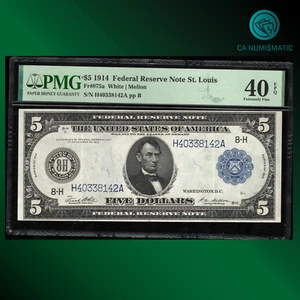 Billete de cinco dólares de la Reserva Federal Fr.875a 1914 ST. Louis, PMG 40 EPQ, 38142 - Imagen 1 de 2