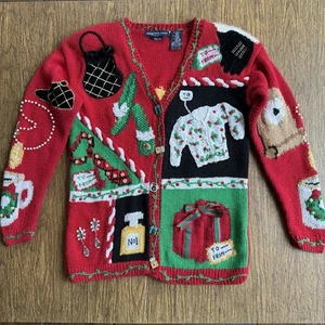Eagle's Eye 1994 Christmas Gifts Ugly Sweater Cardigan Embellished Maximalist S - Picture 1 of 18