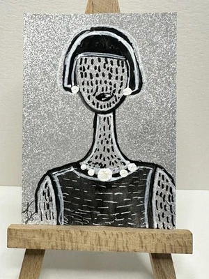 ACEO Original Art Card Hand Painted 2.5 In x 3.5 In Acrylic/paper “Gray Lady” — 第 1/3 张图片