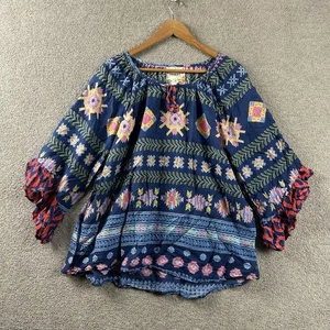 Lula Life Top Blouse XL Blue Boho Paisley Peasant Festival Hippie Balloon Cotton - Picture 1 of 9
