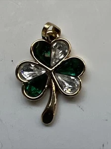 Vintage Soldor Clover Pendant Green White Rhinestones Shamrock Gold Tone - Picture 1 of 5