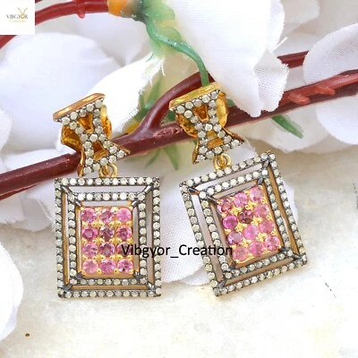 Pave Diamond Ruby Earrings 925 Sterling Silver Yellow Plated Gemstone Jewelry - Image 1 of 4