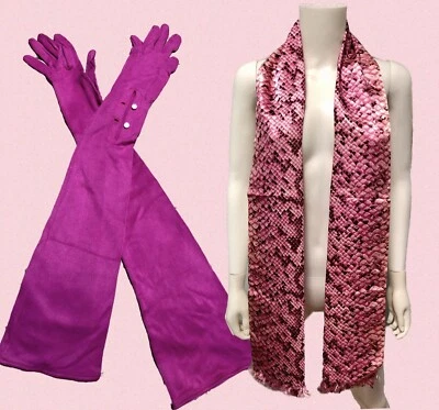 VTG 40s Van Raalte MAGENTA PINK Rayon OPERA GLOVES & SNAKESKIN PRINT Rayon Scarf - Image 1 of 4