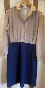 Vintage Sears Dress Women’s Size 18 1/2 Navy Tan Polka Dot - Picture 1 of 13